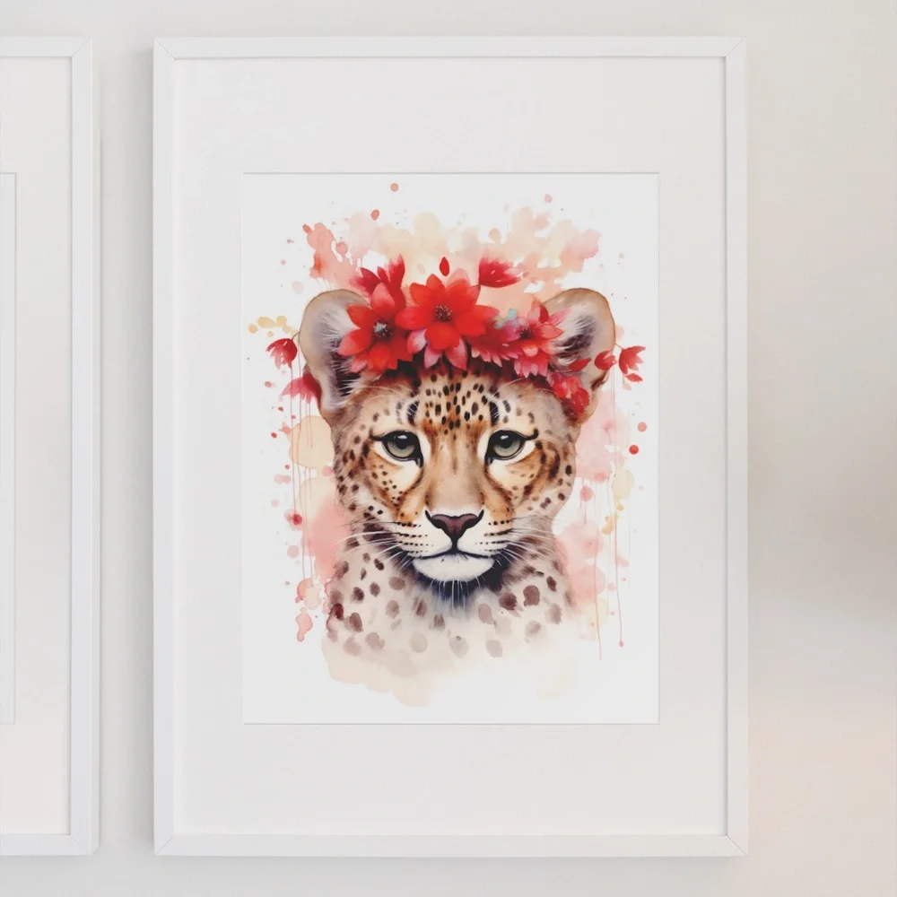 Watercolor Leopard With Flowers Portrait Wall Art Illustration Print Unframed - Picture 3 of 6